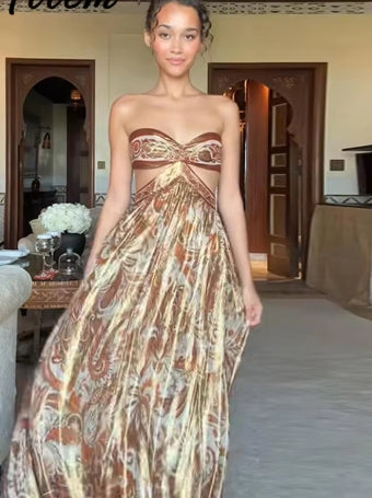 Sexy Print Hollow Out Strapless Women Dresses Beach Holidays Glitter Backless Off Shoulder Female Robe 2025 Summer Lady Dress