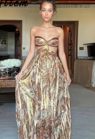 Sexy Print Hollow Out Strapless Women Dresses Beach Holidays Glitter Backless Off Shoulder Female Robe 2025 Summer Lady Dress