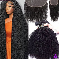 Afro Deep Kinky Curly Human Hair 3/4 Bundle with HD Transparent Lace Frontal Closure And Bundle 100% Virgin Hair Weave Extension