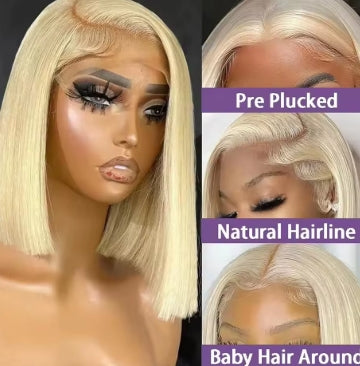 613 Blonde Straight Short Bob 13x6 Transparent Lace Frontal Wigs 12 Inch Brazilian Bone Straight Lace Front Wig 100% Human Hair