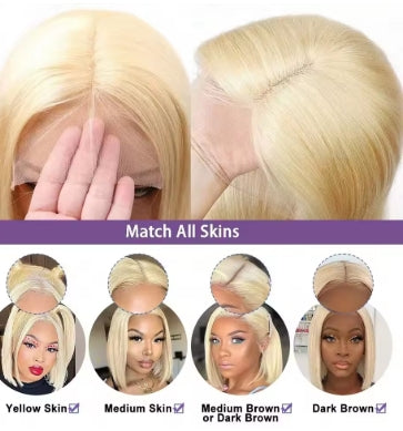 613 Blonde Straight Short Bob 13x6 Transparent Lace Frontal Wigs 12 Inch Brazilian Bone Straight Lace Front Wig 100% Human Hair