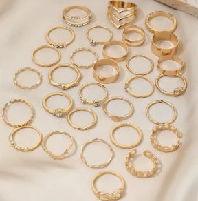 30 Pcs. Elegant Stackable Rings, Infinity Design/Chain/Knot Inlaid with Gold Rhinestones, Daily Outfits, Party Accessories