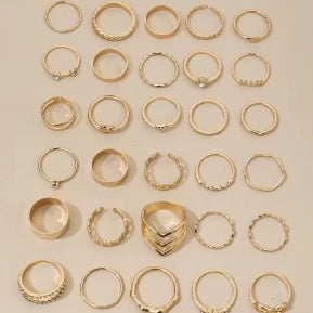 30 Pcs. Elegant Stackable Rings, Infinity Design/Chain/Knot Inlaid with Gold Rhinestones, Daily Outfits, Party Accessories