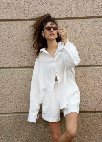 Wolfeel Women's Casual Shorts Sets 100% Cotton Solid Color Cozy Lapel Long Sleeve Shirt Summer New Elastic Waist Shorts Suits