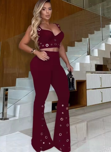 Kricesseen Gorgeous Metal Eyelet Wide Legs Pants Set 2 Piece Outfits Stylish Bustier Top And Holes Trousers Suits Set Clubwear