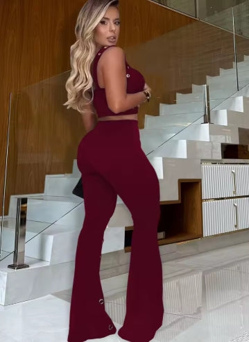 Kricesseen Gorgeous Metal Eyelet Wide Legs Pants Set 2 Piece Outfits Stylish Bustier Top And Holes Trousers Suits Set Clubwear