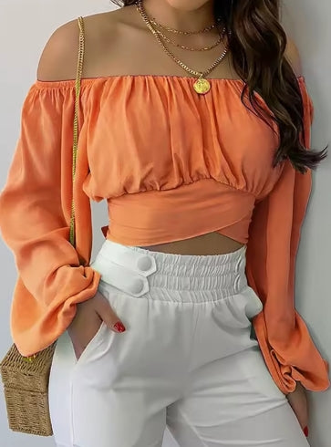 Women Sexy Off Shoulder Blouse Chic and Elegant Printing Lantern Long Sleeve Lace Up Bow Cropped Tops Casual Slim Shirts 2024