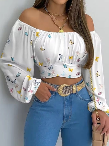 Women Sexy Off Shoulder Blouse Chic and Elegant Printing Lantern Long Sleeve Lace Up Bow Cropped Tops Casual Slim Shirts 2024