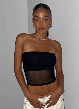 Mesh Corset Black Crop Top Women Patchwork Tube Top Sexy Sleeveless Off Shoulder Cami Summer Streetwear Slim Strapless Tank Tops