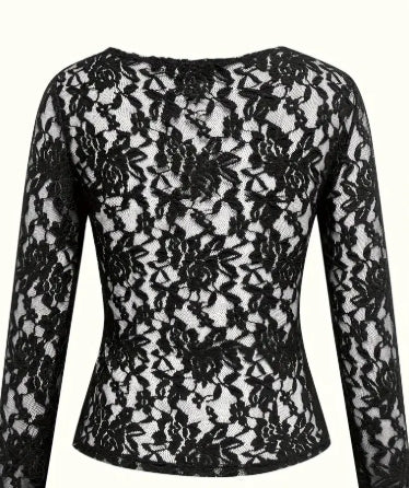 1pc High Stretch Polyamide Elegant Women's V-Neck Lace Long Sleeve Top - Sheer Floral Pattern, Casual Skinny Fit Pullover for Spring/Fall