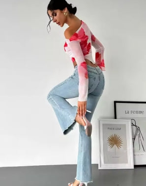 Sweet Spice Personality Style Mesh Print Diagonal Shoulder Long Sleeve Top Irregular Off-the-shoulder Short Top for Women
