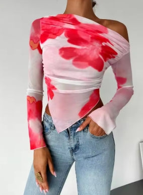 Sweet Spice Personality Style Mesh Print Diagonal Shoulder Long Sleeve Top Irregular Off-the-shoulder Short Top for Women