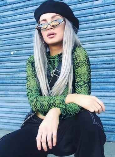 Casual Green Snake Print T Shirt Women Mesh Top Long Sleeve Transparent Snakeskin Female T-shirt High Neck Crop Tops