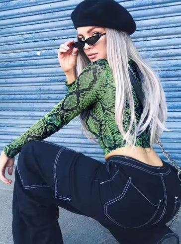 Casual Green Snake Print T Shirt Women Mesh Top Long Sleeve Transparent Snakeskin Female T-shirt High Neck Crop Tops