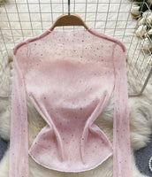 NS702 Women's Fashionable Elegant Sheer Silvery Sequined Bodycon Top
