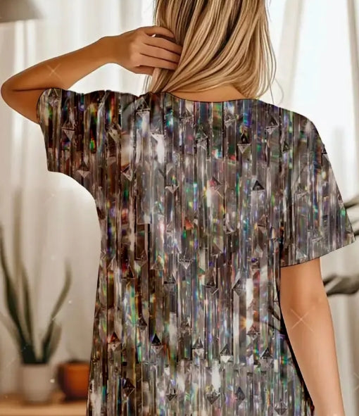 Women'S Sparkling Crystal Curtain T-Shirt - Off-Shoulder/Boat Neck Blouse with Shimmering Crystal Embellishments, Non-Stretch Fabric for Parties, Weddings, Casual Attire - Elegant Formal & Everyday Tops -