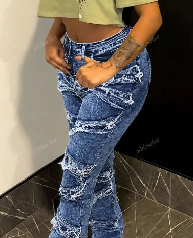 rendy Patchwork Washed Frilled Women's Jeans - Heavy-duty Washed Frilled Fashionable Denim Trousers with Mid-waist And Hip-lifting Design, Elastic Fabric For Strong Comfort