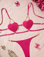 2pcs Elegant Red Heart Lace Lingerie Set - Sexy Strapless Bra with Golden Chain & Thong, Medium Support, No Padding, Adult Novelty Wear, Adult Lingerie|Elegant Lingerie Set|Strapless Bra