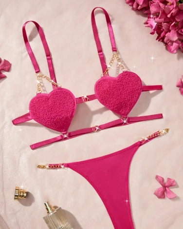 2pcs Elegant Red Heart Lace Lingerie Set - Sexy Strapless Bra with Golden Chain & Thong, Medium Support, No Padding, Adult Novelty Wear, Adult Lingerie|Elegant Lingerie Set|Strapless Bra