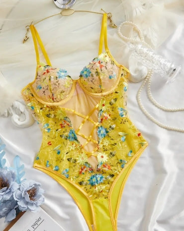 Women's Sexy Floral bodysuit - Transparent Mesh one-piece with Crossover Back Straps, Form-Fitting Low-Rise Outfit in Mustard-Yellow & Blue Floral Patterns for Parties, Dates, Everyday