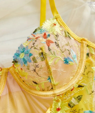 Women's Sexy Floral bodysuit - Transparent Mesh one-piece with Crossover Back Straps, Form-Fitting Low-Rise Outfit in Mustard-Yellow & Blue Floral Patterns for Parties, Dates, Everyday