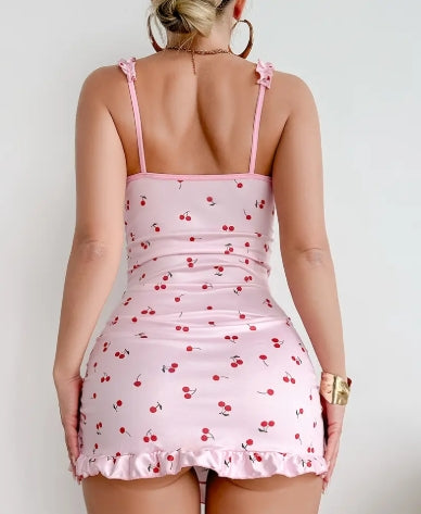 Women'S Sexy Cherry Print Pajamas - Ruched Bodycon Nightdress with Lettuce Trim & Ruffle Hem, Soft Pink Sleepwear, Sexy Lingerie Dress for Women,