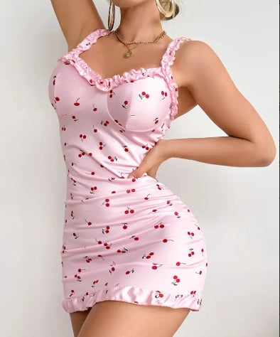 Women'S Sexy Cherry Print Pajamas - Ruched Bodycon Nightdress with Lettuce Trim & Ruffle Hem, Soft Pink Sleepwear, Sexy Lingerie Dress for Women,