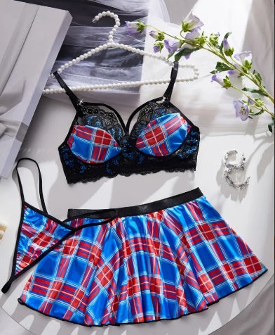 Women'S Sexy Plaid Print Pattern Lace Stitching Simple Fashion Role Play Lingerie Set 3pcs