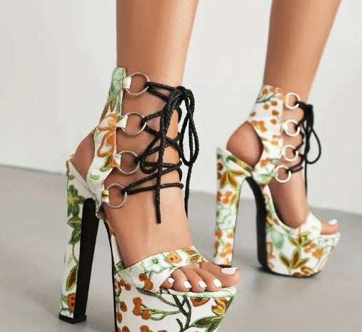 Women's Flower Pattern High Heel Sandals, Fashion Open Toe Dress Pumps