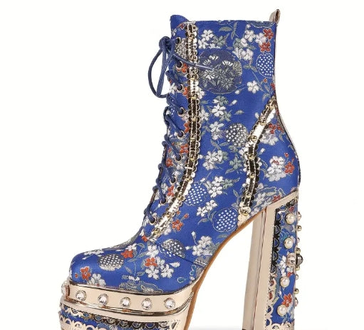 Embroidered Fabric, Thick High Heels, Short Boots