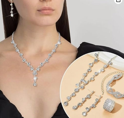 0Pcs Silvery Rhinestone Jewelry Set for Women Bride Wedding Prom Jewelry Evening Rhinestone Sparkly Clutch Purse Bag Necklace Tennise Layered Bracelets CZ Ring Crystal Drop Earring Set Silvery Shiny Costume Kit