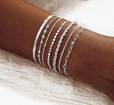 Kyerlyn Silver Bracelets for Women Trendy Waterproof Silver Dainty Bracelet Stack Adjustable Layered Bracelet Set Minimalist Fashion Jewelry