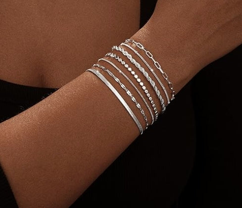 Kyerlyn Silver Bracelets for Women Trendy Waterproof Silver Dainty Bracelet Stack Adjustable Layered Bracelet Set Minimalist Fashion Jewelry