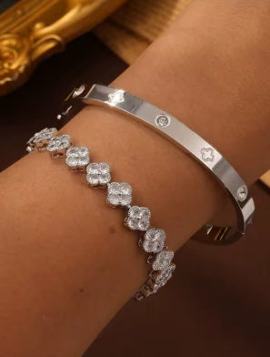 UILZ Delicate Lucky Clover Women Bracelet High Quality Stainless Steel Morandi Colors Shining Zircon Inlaid Charm Jewelry Gift