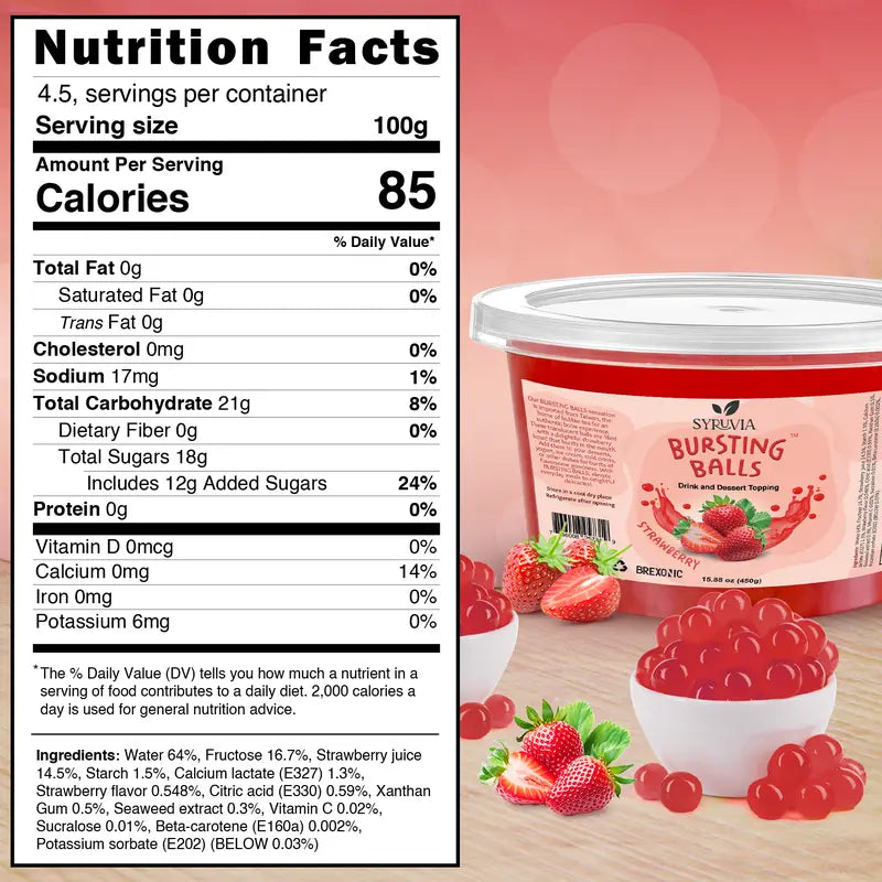 SYRUVIA Sweet Popping Boba Pearls, Strawberry, 1 LB. Bursting beverage & dessert topping for bubble tea and more. Strawberry-flavored tapioca pearls