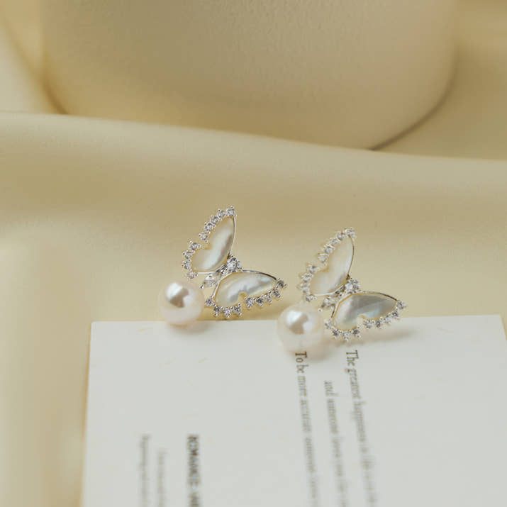 Butterfly Full Diamond Pearl Earrings For Women