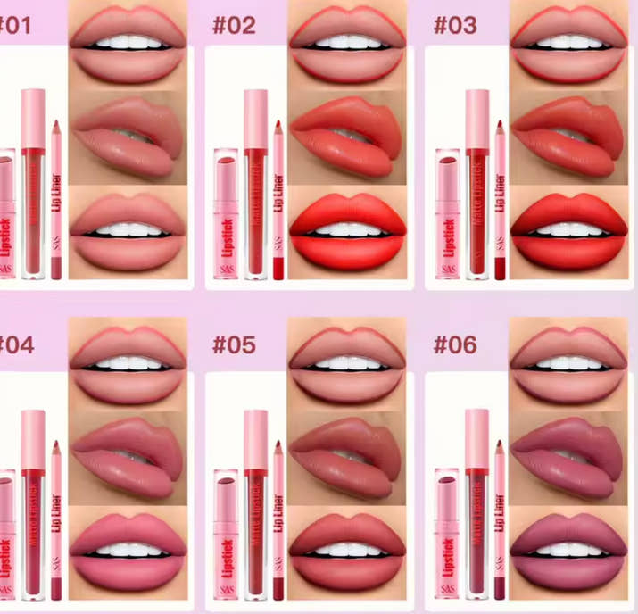 Lipstick and lip gloss set, matte liquid lipstick + matching lip liner + lip gloss - Lip makeup set gift set
