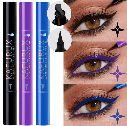 3 Colors Double Head Star Seal Eyeliner Waterproof Stamp Pen Black Blue Purple Eye Liner