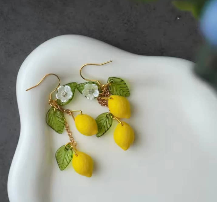 Glass Lemon Earrings Light Weight Fruit Food Earrings Can Love Earrings Pastoral