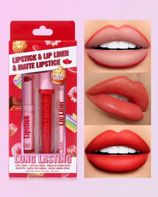 Lipstick and lip gloss set, matte liquid lipstick + matching lip liner + lip gloss - Lip makeup set gift set