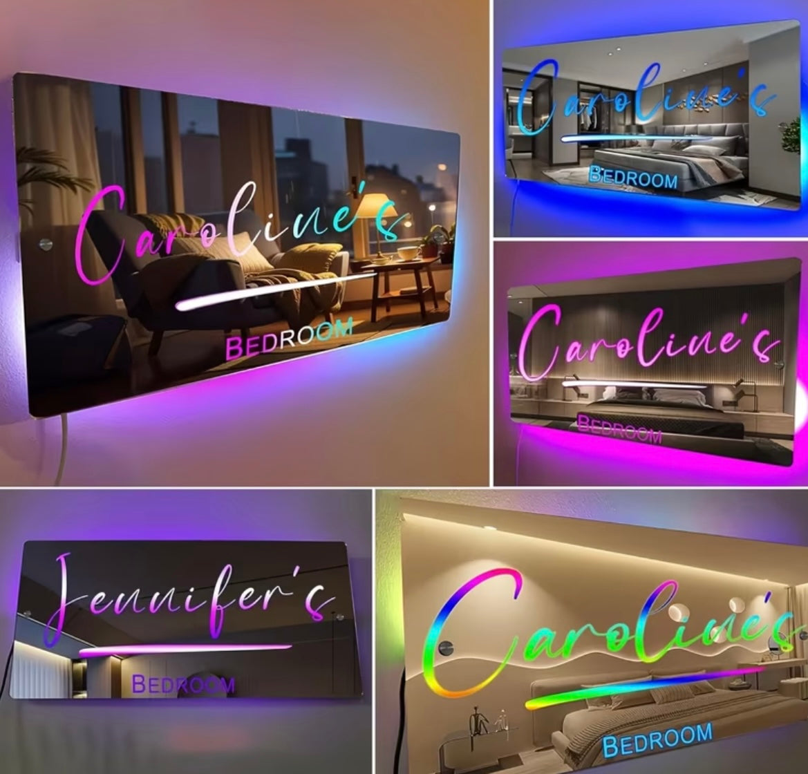 Custom LED Neon Light-Up Name Mirror - Personalized Bedroom Wall Decor with USB Power, Multi-Color Lighting, Durable Plastic, Ideal for Valentine'S Day, Birthdays,  - Unique Gift Idea, Bedroom Decor