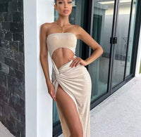 WhereMery Sexy Sleeveless Slit Dress Hollow Out Elegant Skinny Women Long Dresses Summer 2024