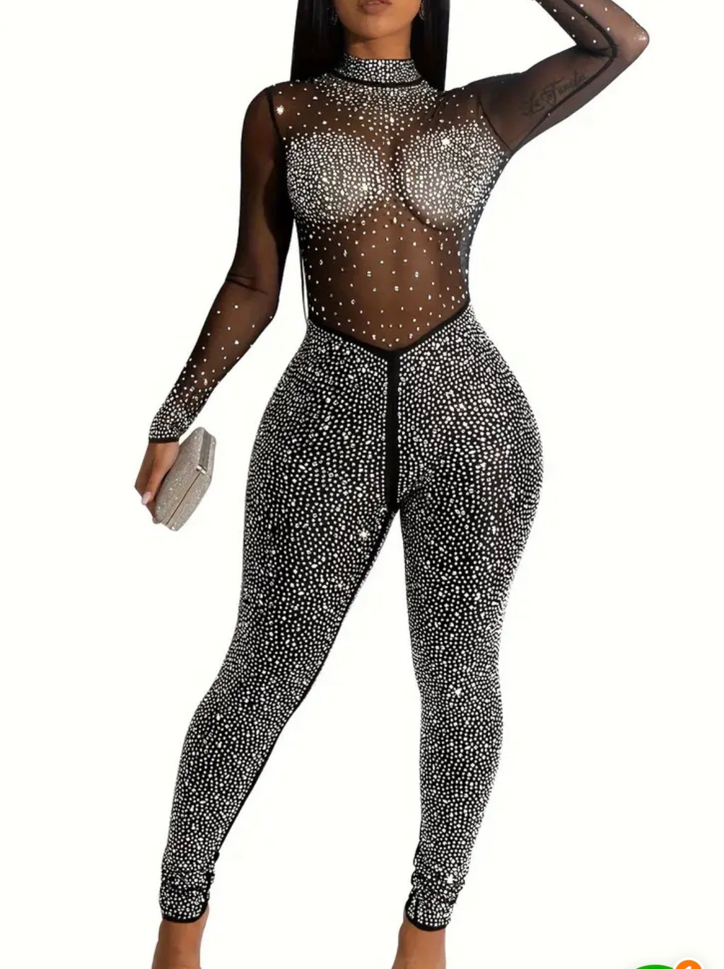 Solid Color Stand Neck Jumpsuit, Y2K Mesh Rhinestone Long Sleeve Jumpsuit For Spring & Summer, Women's Clothing