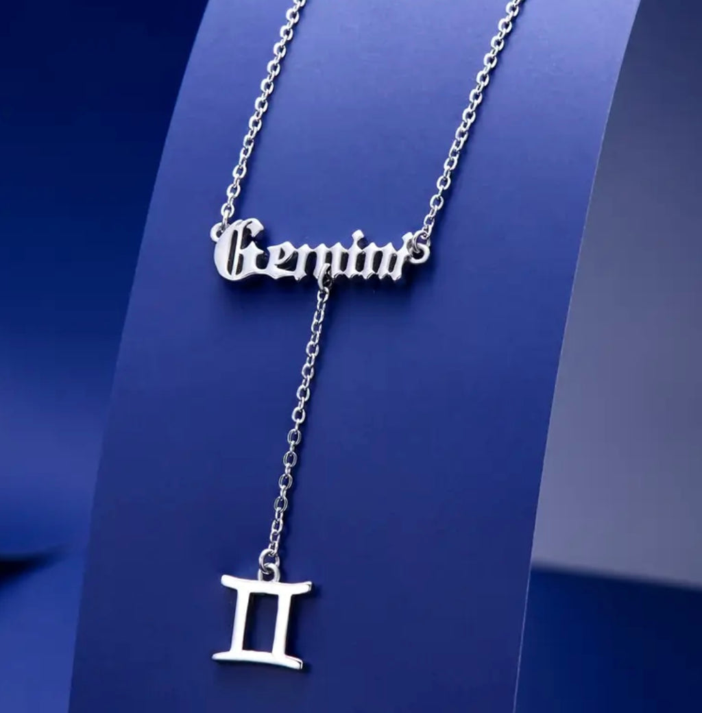 Zodiac Necklace 925 Sterling Silver 12 Constellation Lariat Necklace Old English Zodiac Sign Y-Shaped Pendant Necklace Horoscope Astrology Jewelry Gifts for Women