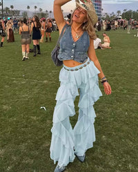 Puss Irregular Tierred Flare Pants Women Y2K Patchwork See Through Summer Hipster Wild Basi Pants