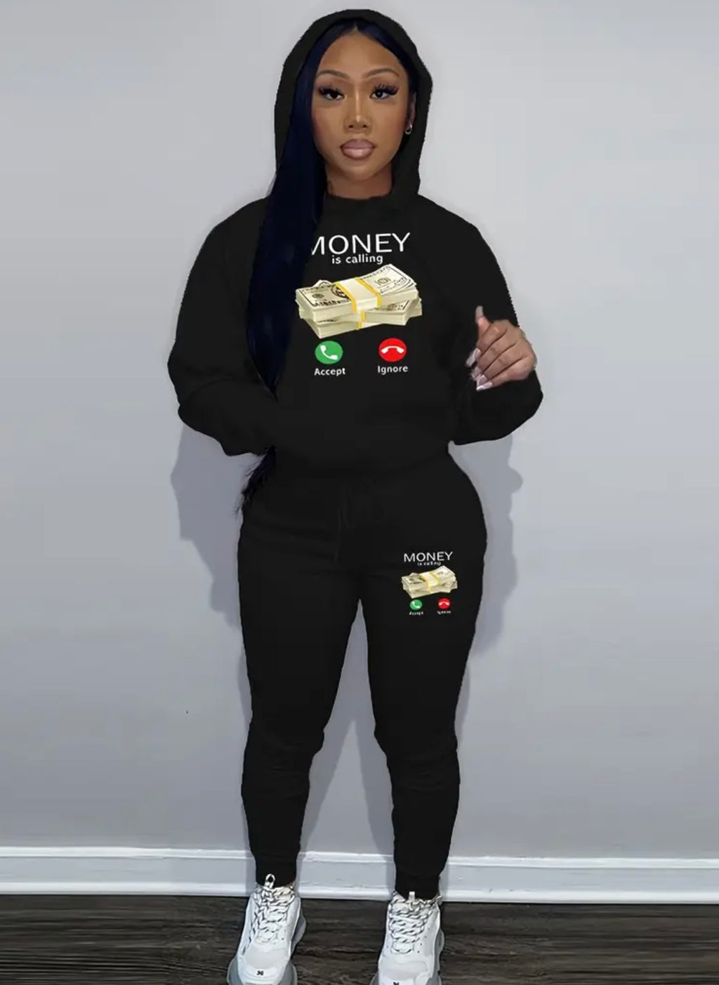 Two-piece Set: Kangaroo Pocket Hoodie & Drawstring Pants, Money Print Women's Outfits