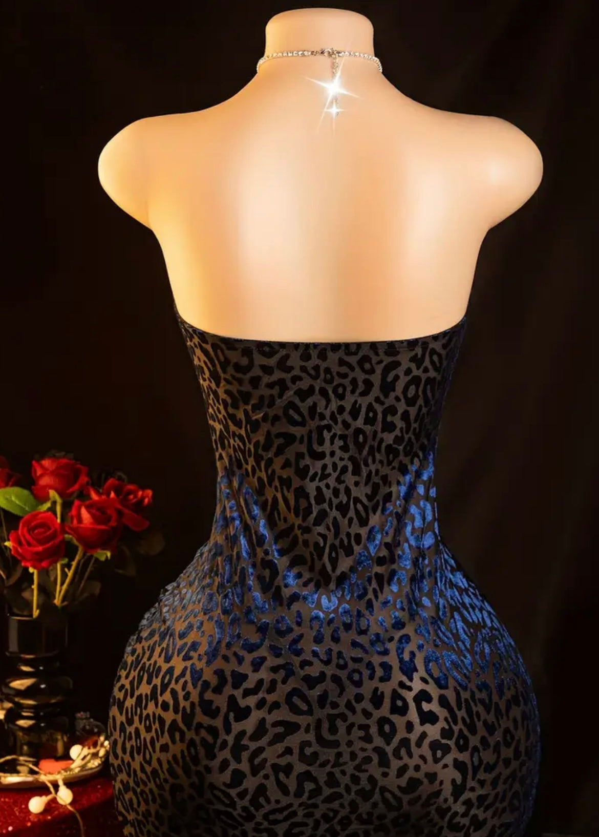Sexy Blue Leopard Print Dress with Glitter Chain Small Chest Enlarging Nightgown Set Bedtime Date Robe Passionate Secretary Role Play Uniform Hip-Hugging Sleepwear Valentine'S Day New Women'S Underwear and Panties (Includes: Dress