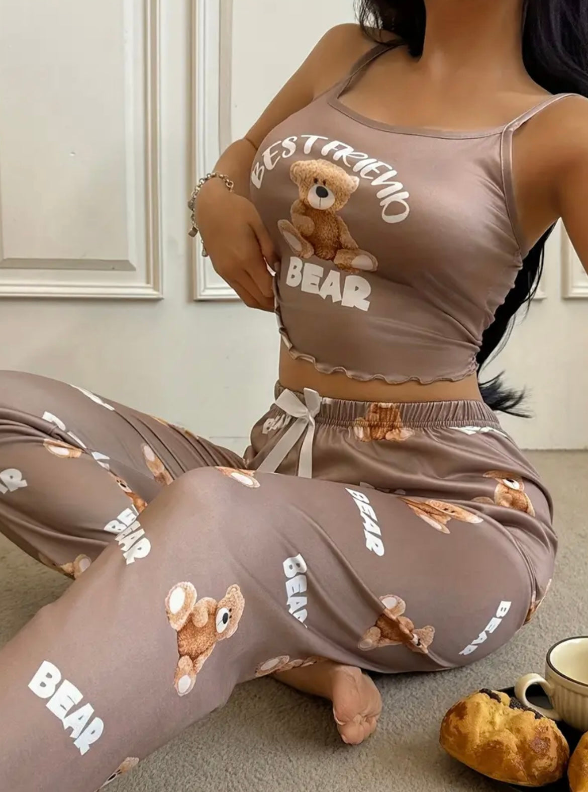 Casual Women's Letter Print Cute Teddy Bear Camisole Top + Pants Comfortable Pajama Set