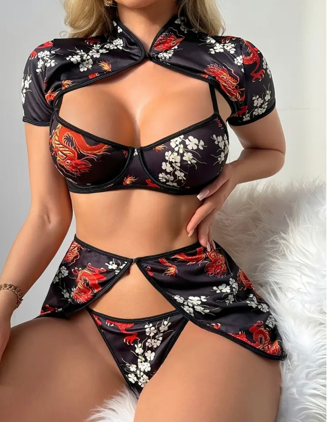 Dragon Hidden Sakura Embroidered Flag Coat Set In Black And Red with Stitches, Sexy Open-Slick, Party Eye-Catching Battle Dress, Body-Friendly Hot Outfit, Multi-Purpose Wearable Transformation Magic Item
