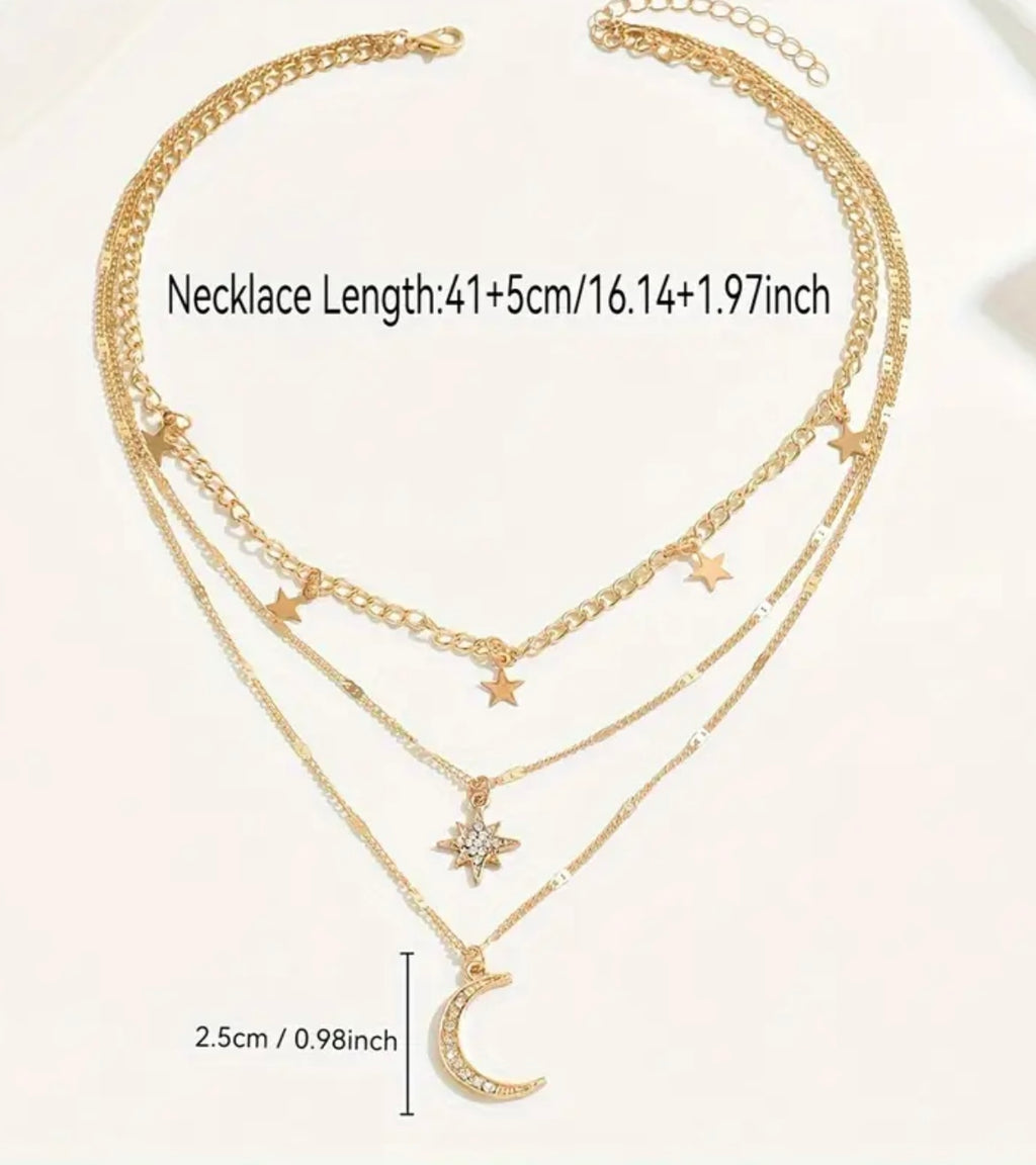 [Golden Bohemian Golden Multi-Layer Women's Necklace | Elegant Bohemian Style with Star and Moon Pendants, Sparkling Rhinestone Embellishments, Perfect for Casual Attire, Charm Necklace